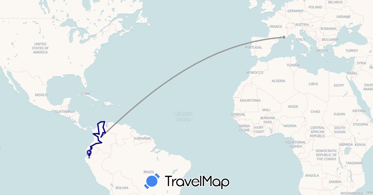 TravelMap itinerary: driving, plane in Colombia, Ecuador, France (Europe, South America)